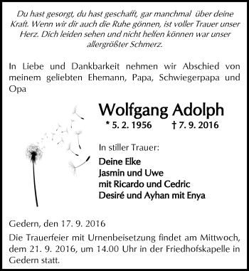 Traueranzeige von Wolfgang Adolph von  Kreisanzeiger