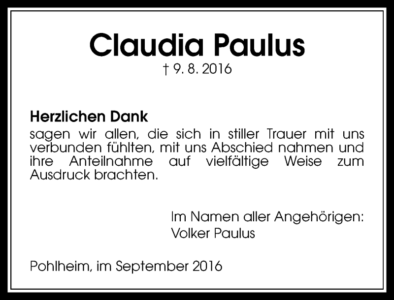  Traueranzeige für Claudia Paulus vom 17.09.2016 aus  Gießener Anzeiger