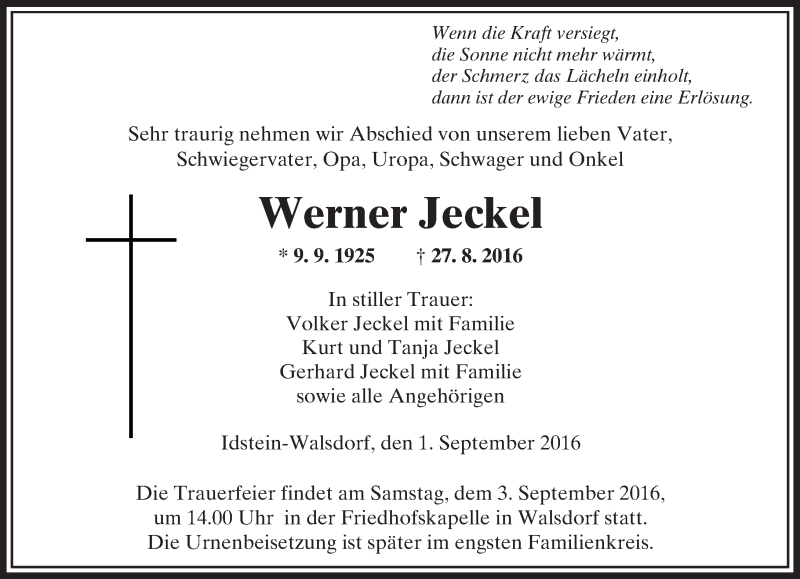  Traueranzeige für Werner Jeckel vom 01.09.2016 aus  Camberger Anzeiger