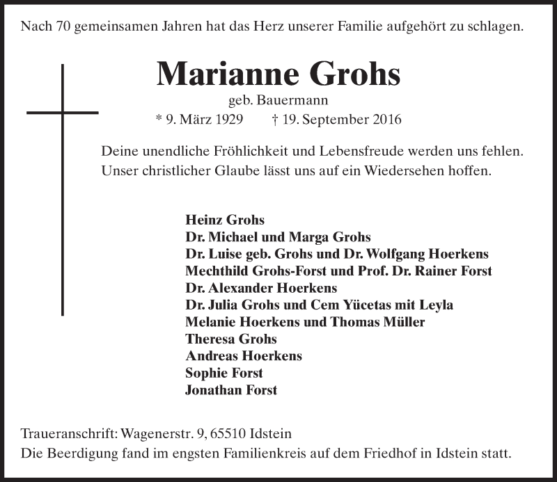  Traueranzeige für Marianne Grohs vom 01.10.2016 aus Trauerportal Rhein Main Presse