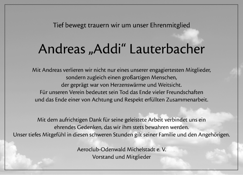  Traueranzeige für Andreas  Lauterbacher vom 21.09.2016 aus Trauerportal Echo Online