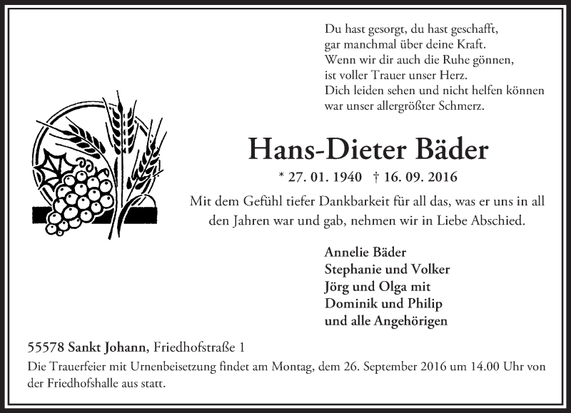  Traueranzeige für Hans-Dieter Bäder vom 22.09.2016 aus Trauerportal Rhein Main Presse