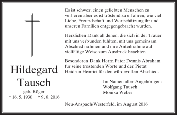 Traueranzeige von Hildegard Tausch von  Usinger Anzeiger