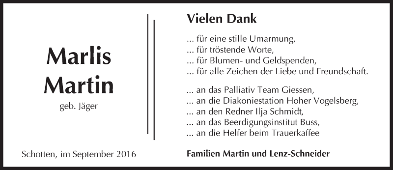  Traueranzeige für Marlis Martin vom 24.09.2016 aus  Kreisanzeiger