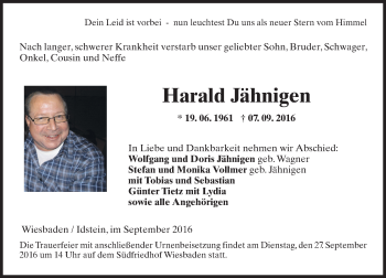 Traueranzeige von Harald Jähnigen von Trauerportal Rhein Main Presse