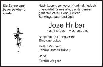 Traueranzeige von Joze Hribar von  Kreisanzeiger