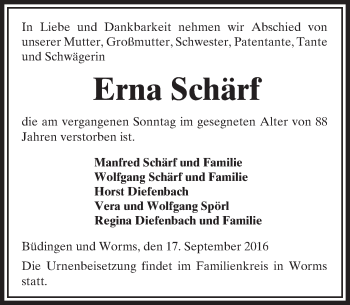 Traueranzeige von Erna Schärf von  Kreisanzeiger