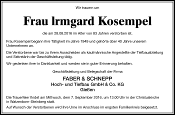 Traueranzeige von Irmgard Kosempel von  Gießener Anzeiger