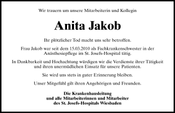 Traueranzeige von Anita Jakob von Trauerportal Rhein Main Presse