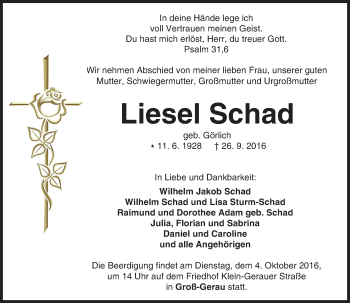 Traueranzeige von Liesel Schad von Trauerportal Echo Online