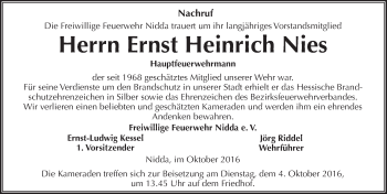 Traueranzeige von Ernst Heinrich Nies von  Kreisanzeiger