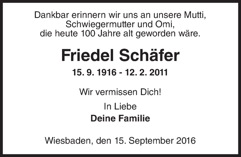  Traueranzeige für Friedel Schäfer vom 15.09.2016 aus Trauerportal Rhein Main Presse
