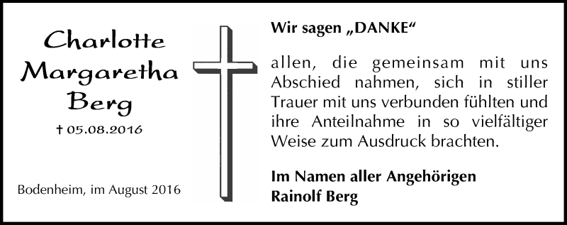  Traueranzeige für Charlotte Margaretha Berg vom 10.09.2016 aus Trauerportal Rhein Main Presse