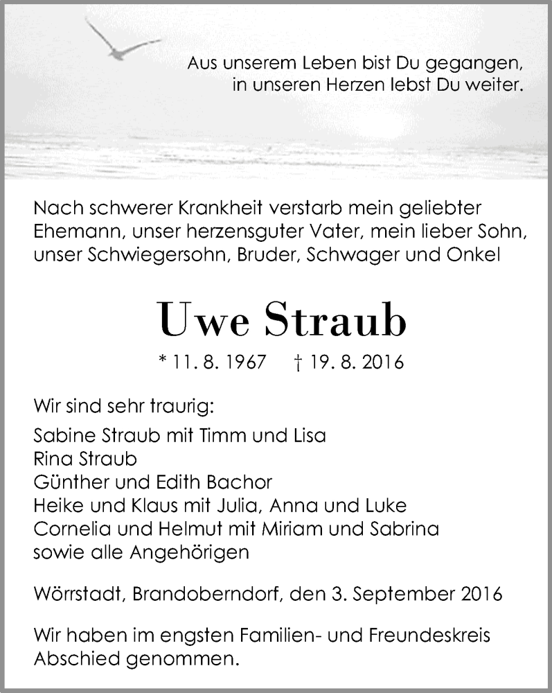  Traueranzeige für Uwe Straub vom 03.09.2016 aus Trauerportal Rhein Main Presse