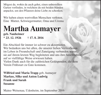 Traueranzeige von Martha Aumayer von Trauerportal Rhein Main Presse