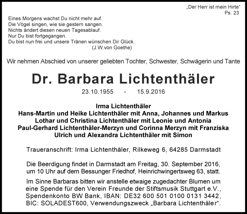  Traueranzeige für Barbara Lichtenthäler vom 24.09.2016 aus Trauerportal Echo Online