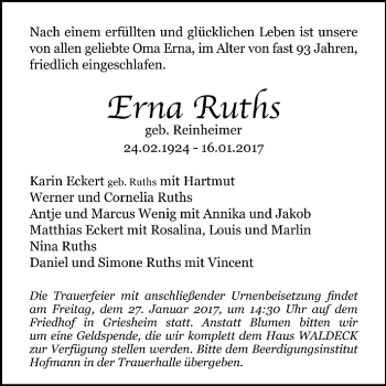Traueranzeige von Erna Ruths von Trauerportal Echo Online