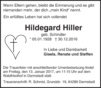 Traueranzeige von Hildegard Hiller von Trauerportal Echo Online