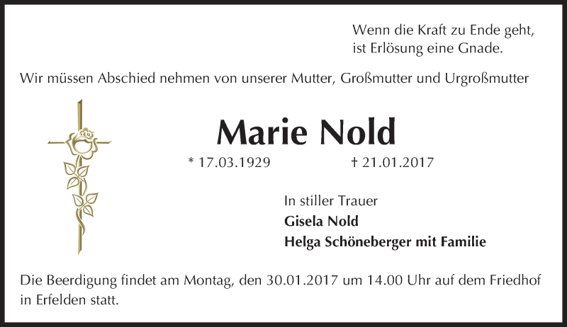  Traueranzeige für Marie Nold vom 28.01.2017 aus Trauerportal Echo Online
