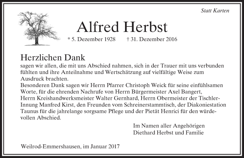  Traueranzeige für Alfred Herbst vom 21.01.2017 aus  Usinger Anzeiger