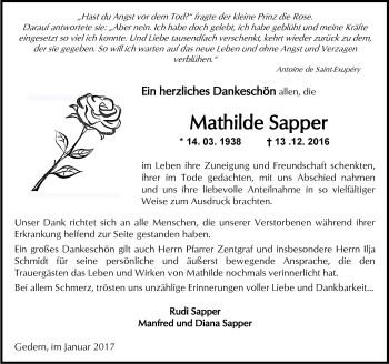 Traueranzeige von Mathilde Sapper von  Kreisanzeiger