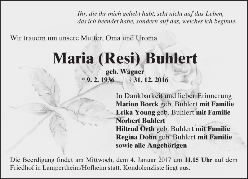  Traueranzeige für Maria Buhlert vom 03.01.2017 aus Trauerportal Rhein Main Presse