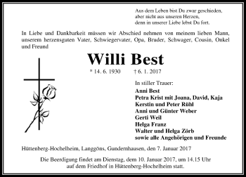 Traueranzeige von Willi Best von  Gießener Anzeiger