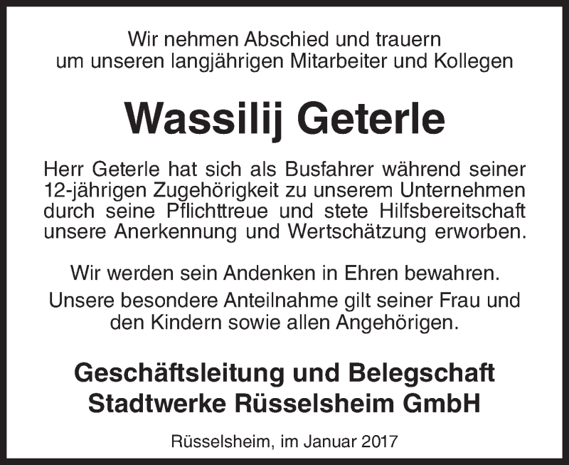  Traueranzeige für Wassilij Geterle vom 21.01.2017 aus Trauerportal Rhein Main Presse