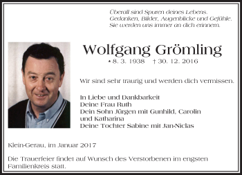 Traueranzeige von Wolfgang Grömling von Trauerportal Echo Online