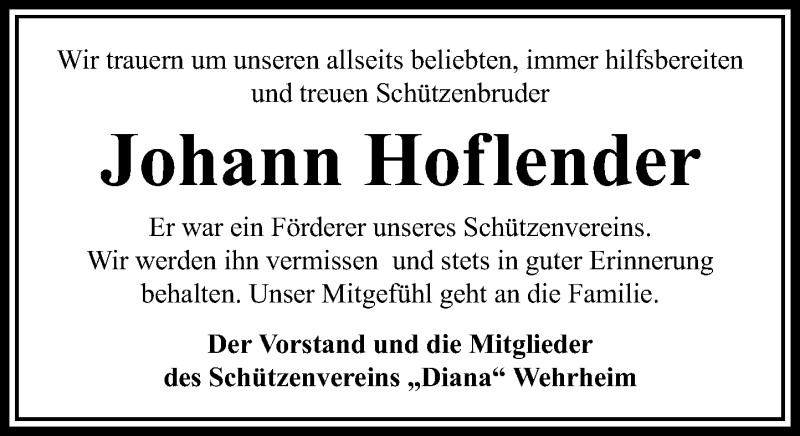  Traueranzeige für Johann Hoflender vom 04.01.2017 aus  Usinger Anzeiger