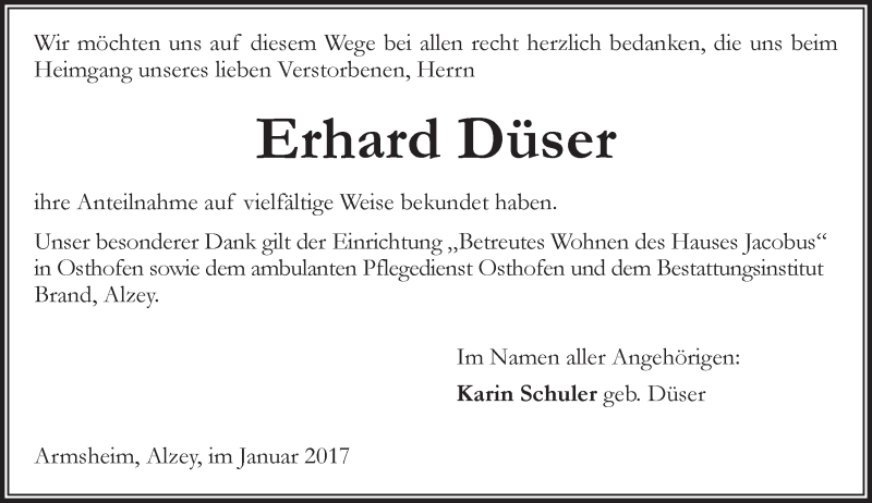  Traueranzeige für Erhard Düser vom 21.01.2017 aus Trauerportal Rhein Main Presse