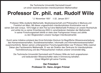 Traueranzeige von Rudolf Wille von Trauerportal Echo Online