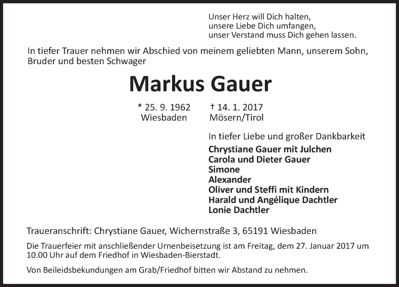  Traueranzeige für Markus Gauer vom 21.01.2017 aus Trauerportal Rhein Main Presse