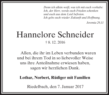 Traueranzeige von Hannelore Schneider von  Usinger Anzeiger