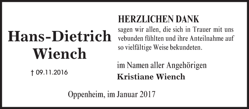  Traueranzeige für Hans-Dietrich Wiench vom 16.01.2017 aus Trauerportal Rhein Main Presse