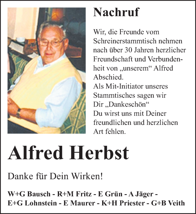  Traueranzeige für Alfred Herbst vom 11.01.2017 aus  Usinger Anzeiger