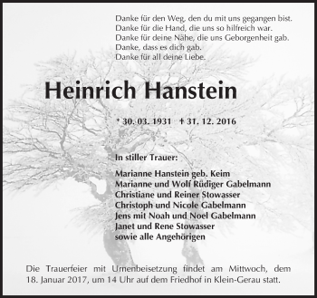 Traueranzeige von Heinrich Hanstein von Trauerportal Echo Online
