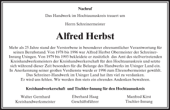 Traueranzeige von Alfred Herbst von  Usinger Anzeiger