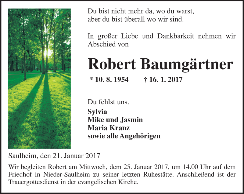  Traueranzeige für Robert Baumgärtner vom 21.01.2017 aus Trauerportal Rhein Main Presse