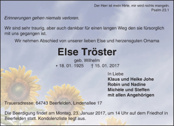 Traueranzeige von Else Tröster von Trauerportal Echo Online