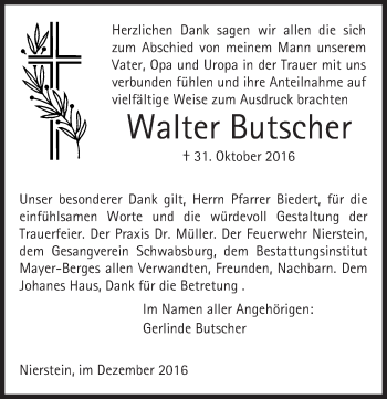 Traueranzeige von Walter Butscher von Trauerportal Rhein Main Presse