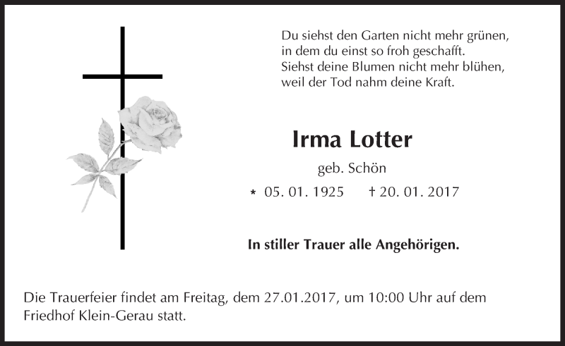  Traueranzeige für Irma Lotter vom 27.01.2017 aus Trauerportal Echo Online