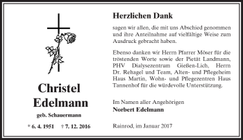 Traueranzeige von Christel Edelmann von  Kreisanzeiger