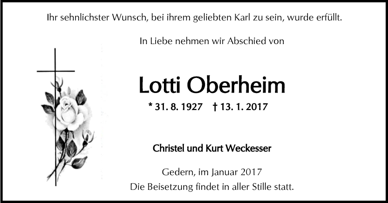  Traueranzeige für Lotti Oberheim vom 21.01.2017 aus  Kreisanzeiger