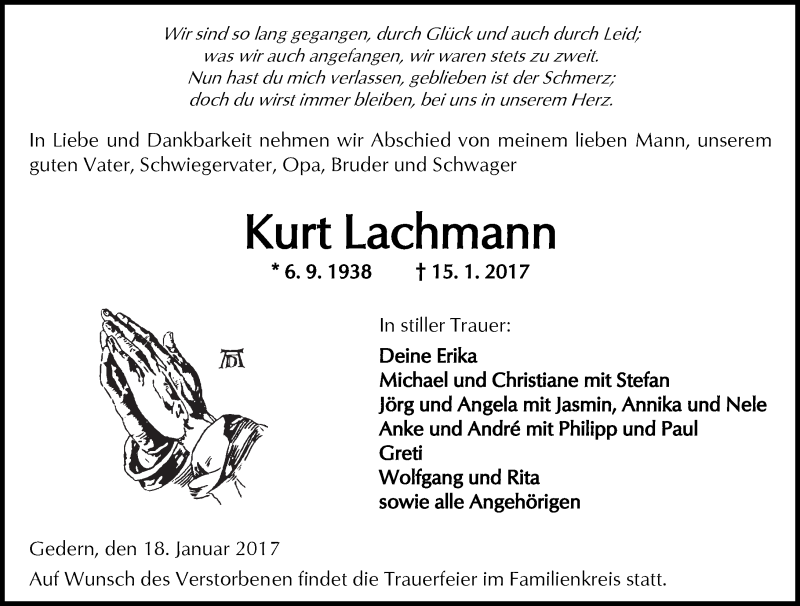  Traueranzeige für Kurt Lachmann vom 18.01.2017 aus  Kreisanzeiger