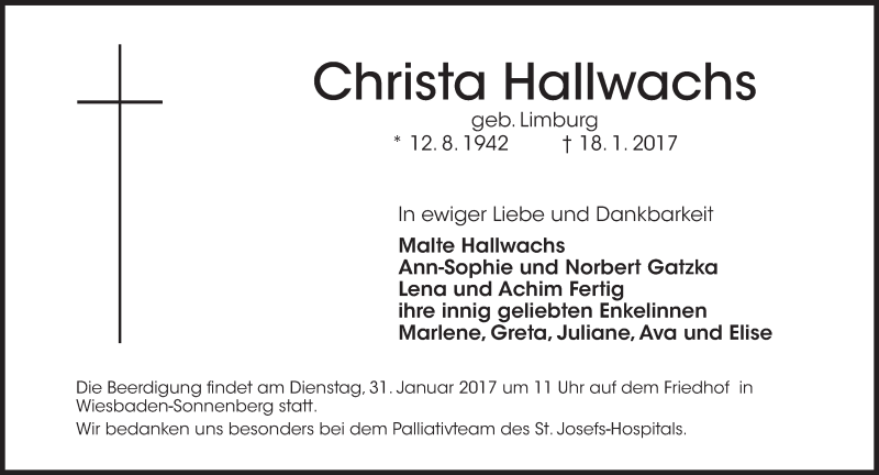  Traueranzeige für Christa Hallwachs vom 21.01.2017 aus Trauerportal Rhein Main Presse