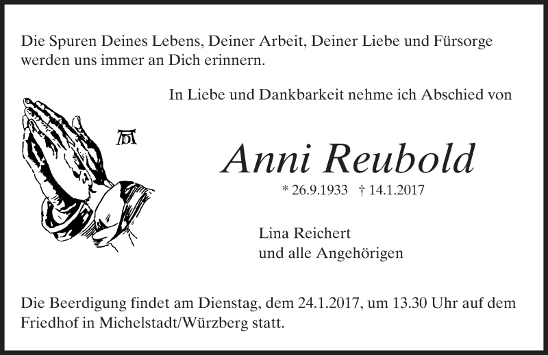  Traueranzeige für Anni Reubold vom 21.01.2017 aus Trauerportal Echo Online