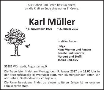 Traueranzeige von Karl Müller von Trauerportal Rhein Main Presse