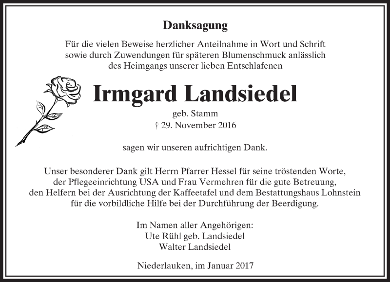  Traueranzeige für Irmgard Landsiedel vom 14.01.2017 aus  Usinger Anzeiger