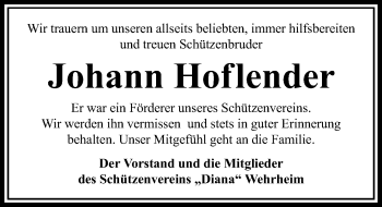 Traueranzeige von Johann Hoflender von  Usinger Anzeiger